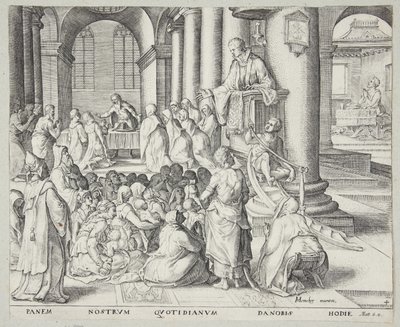 De preek in de kerk door Johannes Wierix