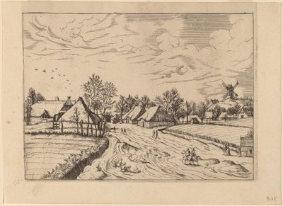 Dorp met standerdmolen door Johannes and Lucas van Doetechum after Master of the Small Landscapes
