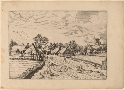 Dorp met Postmolen door Johannes and Lucas van Doetechum after Master of the Small Landscapes