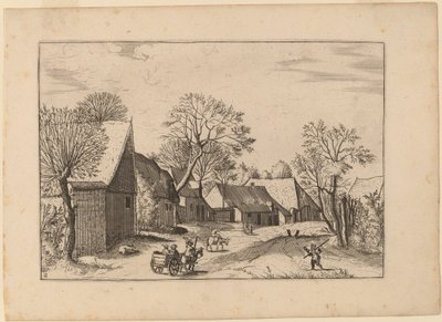 Boerderijen en schuur door Johannes and Lucas van Doetechum after Master of the Small Landscapes