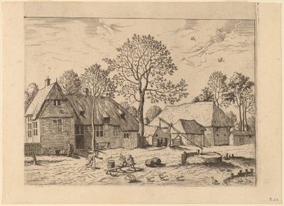 Boerderijen met put door Johannes and Lucas van Doetechum after Master of the Small Landscapes