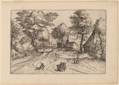 Dorpstraat met boerderij en schuren door Johannes and Lucas van Doetechum after Master of the Small Landscapes