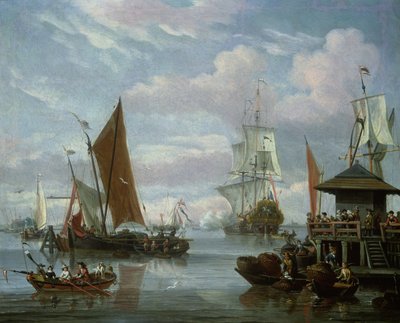 Estuarium scène met boten en visser door Johannes de Blaauw