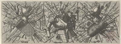 Fries met links een helm, een schild en gekruiste stokwapens en kruisbogen door Johannes of Lucas van Doetechum