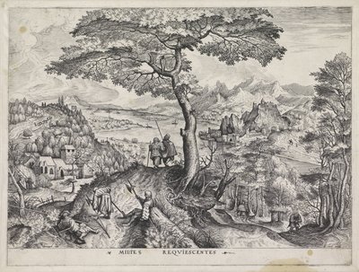 Landschap met rustende soldaten door Johannes of Lucas van Doetechum