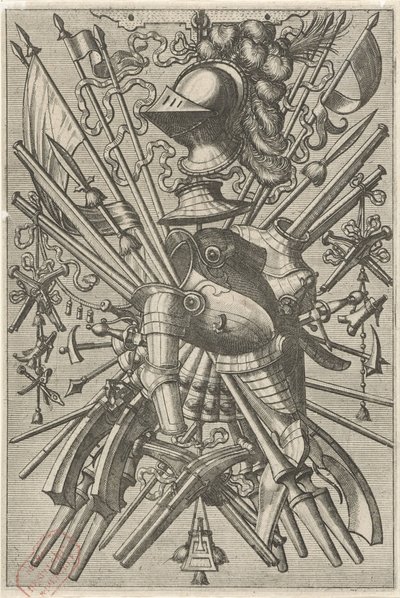 Vlakdecoratie, bestaande uit een wapentrofee door Johannes of Lucas van Doetechum