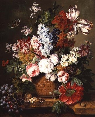 Fruit en bloemen op een marmeren rand door Johannes or Jacobus Linthorst