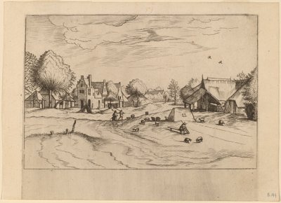 Dorp met schapen en zittende herder door Johannes van Doetechum, the Elder and Lucas