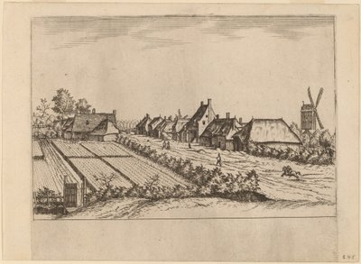 Velden en een Dorpsweg met Postmolen door Johannes van Doetechum, the Elder and Lucas