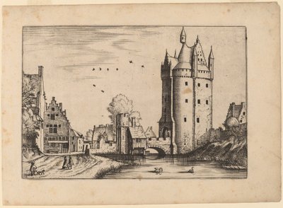 Stadspoort met landhuizen door Johannes van Doetechum, the Elder and Lucas