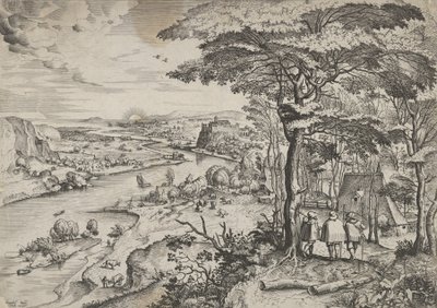 Euntes in Emaus Landschap met Pelgrims bij Emmaus, ca. 1555-56 door Johannes and Lucas van Doetecum