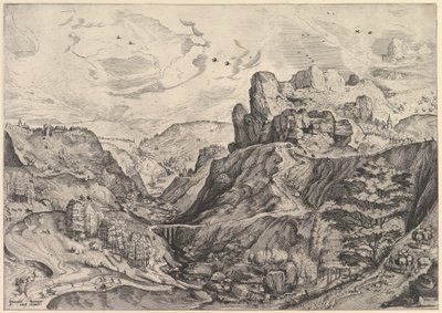 Alpenlandschap met een diepe vallei uit De Grote Landschappen door Johannes van Doetecum I
