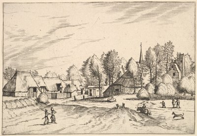 Dorp met kerktoren uit Multifariarum casularum ruriumque lineamenta cur..., 1559-61 door Johannes van Doetecum I