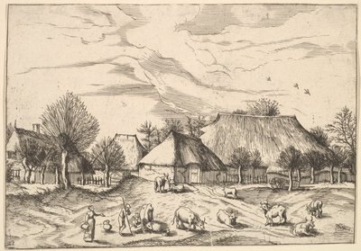 Boerderijen, vee met herders en melkmeisjes op de voorgrond uit Multifariarum casularu door Johannes van Doetecum I