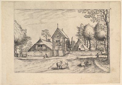 Boerderij, koeien en herder op de voorgrond van Praediorum villarum et rusticar..., ca. 1559-61 door Johannes van Doetecum I