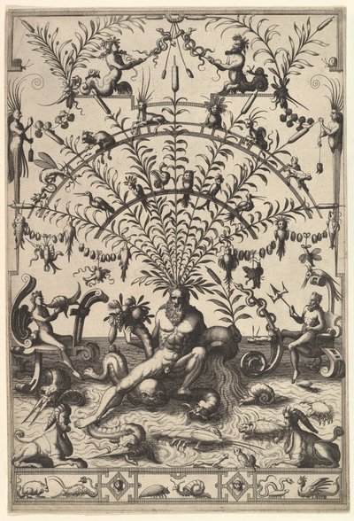 Moderne Groteske Decoratie met een Riviergod, 1557 door Johannes van Doetecum I