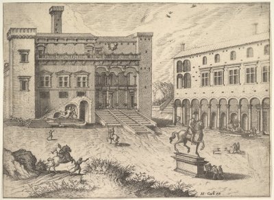 Uitzicht op het Campidoglio op de Capitolijnse Heuvel, met ruiterstandbeeld rechtsonder, 1562 door Johannes van Doetecum I