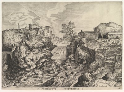 Uitzicht op de Tiber Tivoli Prospectus Tyburtinus uit De Grote Landschappen, ca. 1555-56 door Johannes van Doetecum I
