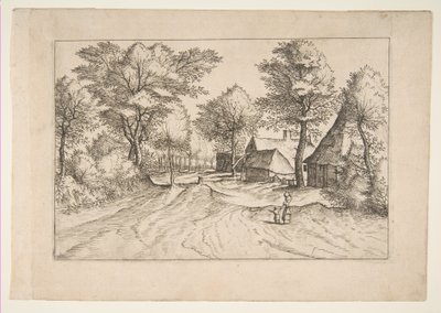 Dorpstraat met een Boerderij en Schuren, uit de serie, De Kleine Landschappen Multifariaru door Johannes van Doetecum I