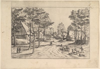 Dorpstraat, vee, schapen en herder op de voorgrond van Praediorum villar..., ca. 1559-61 door Johannes van Doetecum I