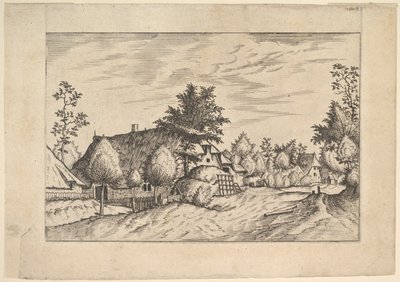Dorpsstraat, hooi gestapeld voor een boerderij uit Praediorum villarum et rusticar..., ca. 1559-61 door Johannes van Doetecum I