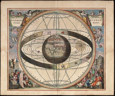 Scenografie van de Ptolemeïsche kosmografie uit Andreas Cellarius Harmonia Macrocosmica, ca. 1660 door Johannes van Loon