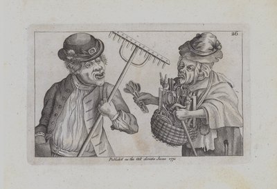 Een man met een hark, een vrouw die lepels en roerstaafjes verkoopt (gravure) door John  Collier