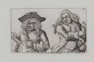Twee pruikdragende mannen parodiëren de Magna Carta (gravure) door John  Collier