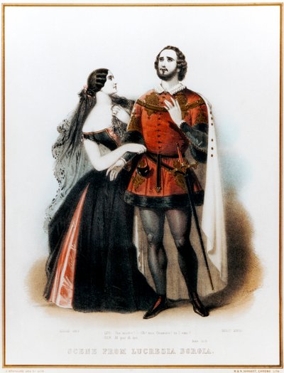 Opera Lucrezia Borgia van Gaetano Donizetti - Introductie tot Scene II met Mario (Italiaanse tenor: 1810-1883) en Grisi (1811-1869) in Londen, HM theaterproductie, 6 juni 1839 door John (after) Brandard