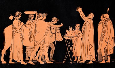 Nestor, koning van Pylos en voormalig strijder in de Trojaanse oorlog, offert stieren aan Poseidon, scène uit 