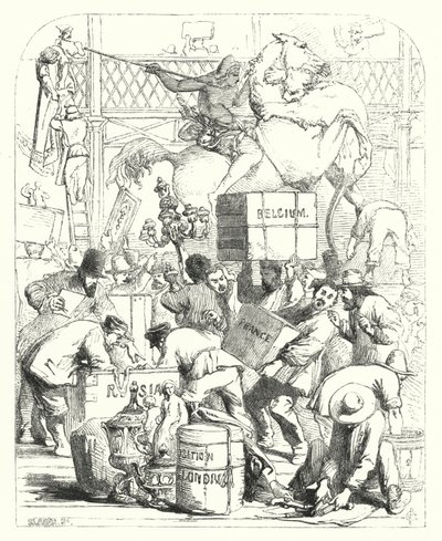 Aankomst van goederen voor de Grote Tentoonstelling van 1851, Crystal Palace, Hyde Park, Londen (gravure) door John (after) Gilbert