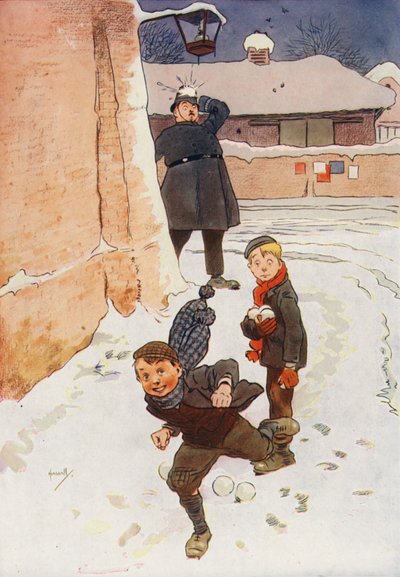 Politieagent geraakt door een sneeuwbal door John (after) Hassall
