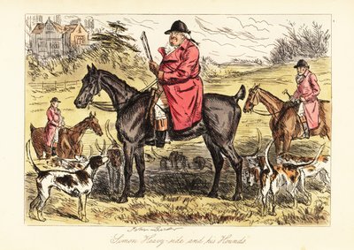 Engelse jager in jachtkleding zittend op een paard met een roedel vossenjagers door John (after) Leech