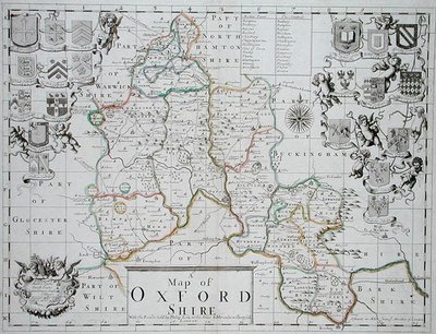 Kaart van Oxfordshire, gegraveerd en handgekleurd door John Oliver en Richard Palmer, gepubliceerd door Philip Lea, c.1690 door John (after) Sellar