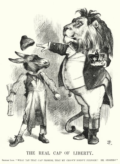 Punch cartoon: De echte Vrijheidsmuts - de superioriteit van de constitutionele monarchie van Groot-Brittannië boven het republicanisme (gravure) door John (after) Tenniel