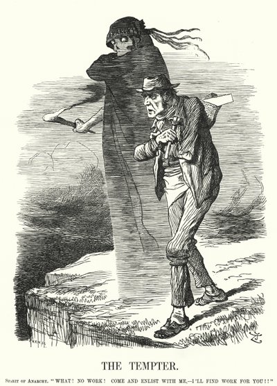 Punch cartoon: De verleider - verleiding van anarchisme voor de werklozen (gravure) door John (after) Tenniel