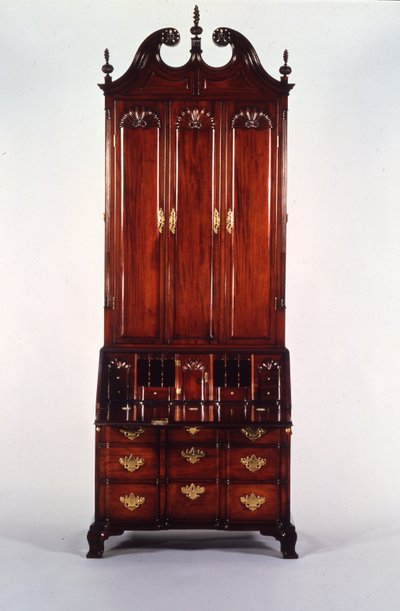 De Nicholas Brown Chippendale blok-en-schelp bureau en boekenkast, c.1760-70 (mahonie) door John (attr. to) Goddard