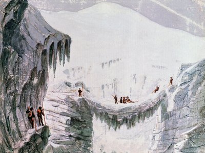 Beklimming van de Mont Blanc, klimmers hangen aan een spleet, aquarel, Frankrijk door Walter Charles Mills