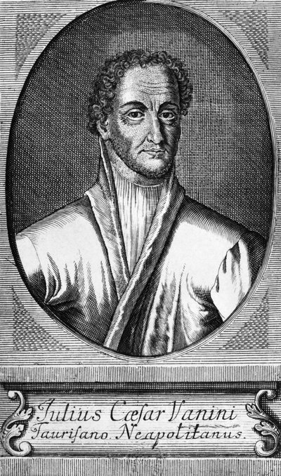 Portret van Lucilio Vanini, bekend als Giulio Cesare Vanini (1585-1619), Italiaanse filosoof, arts en vrijdenker die een van de eerste belangrijke vertegenwoordigers van het intellectuele libertinisme was, gravure door Walter Charles Mills