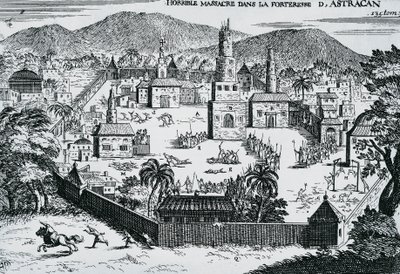 De Kozakken onder leiding van Stepan Razin vallen de vesting Astrakhan aan in 1670, Rusland door Walter Charles Mills