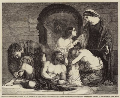 Historische compositie in schilderkunst, een daad van barmhartigheid, Blanche van Castilië, koningin-regentes van Frankrijk, bevrijdt de gevangenen opgesloten door het kapittel van Parijs, in 1512 door John Alfred Vintner