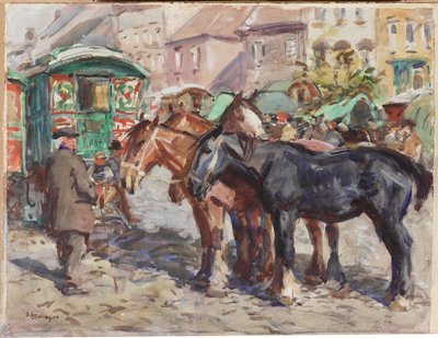 Zwart paard met huizen op de achtergrond door John Atkinson