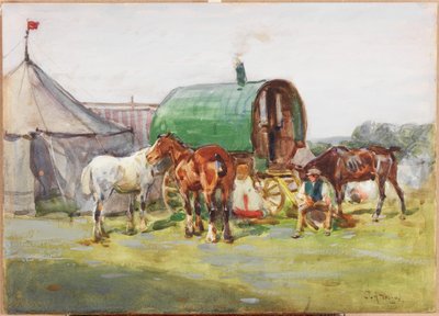 Drie paarden en een caravan met groen dak door John Atkinson