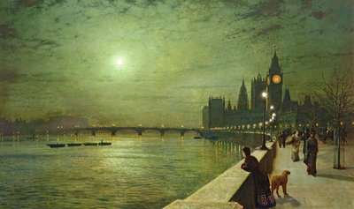 Bespiegelingen over de Theems, Westminster door John Atkinson Grimshaw