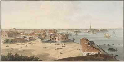 Uitzicht op de Spit van Vasilyevsky-eiland en Peter en Paul-vesting, Tussen 1802 en 1805 door John Augustus Atkinson