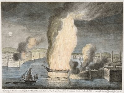 De verbranding van de Amerikaanse fregat de Philadelphia in de haven van Tripoli, 1805 (handgekleurde lijngravure op papier) door John B. Guerazzi