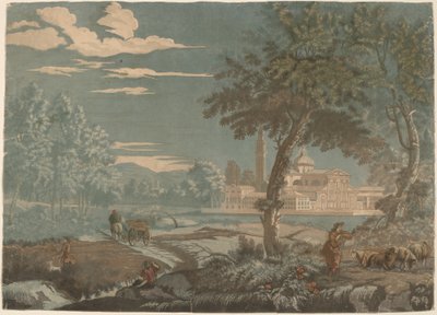 Heroïsch landschap met kar en geitenhoeder, met San Giorgio Maggiore op de achtergrond door John Baptist Jackson after Marco Ricci