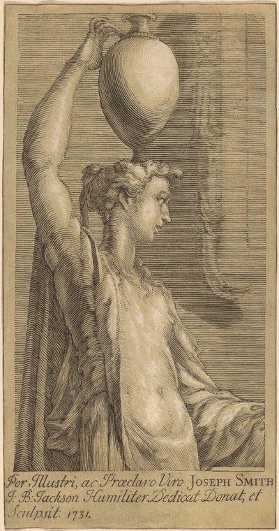 Vrouw die een kruik op het hoofd draagt door John Baptist Jackson, after Parmigianino
