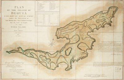 Plan van het eiland Bequia opgesteld door een daadwerkelijke enquête onder leiding van de Eerwaarde de Commissarissen voor de verkoop van land in de afgestane eilanden door John Byres Hoofdlandmeter 1776 door John Bayly