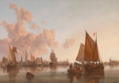 Zeilboten en schuiten op een Nederlandse (?) riviermonding door John Berney Crome